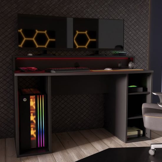 Terni Wooden Gaming Desk 2 Shelves In Matt Black With Blue LED