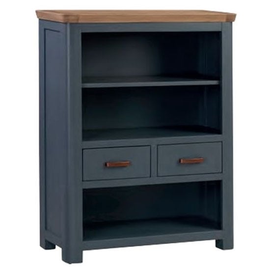 Product photograph of Trevino Low Wooden Bookcase In Midnight Blue And Oak from Furniture in Fashion