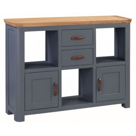Product photograph of Trevino Small Wooden Display Cabinet In Midnight Blue And Oak from Furniture in Fashion