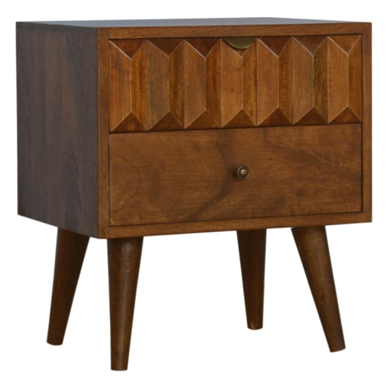 Product photograph of Tufa Wooden Prism Carved Bedside Cabinet In Chestnut 2 Drawers from Furniture in Fashion