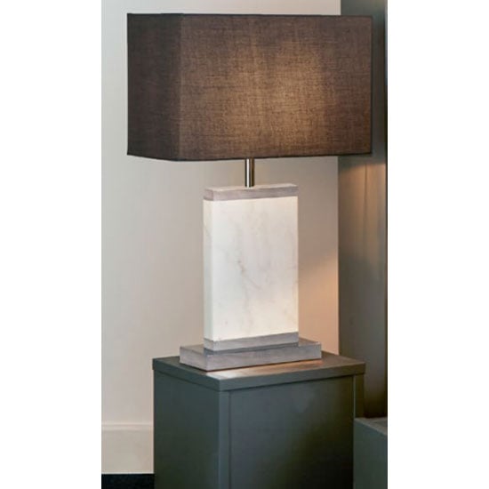 Product photograph of Unique Satin Nickel And White Marble Table Lamp With Grey Shade from Furniture in Fashion
