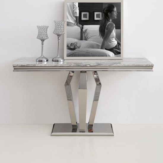 Product photograph of Valentino Grey Marble Console Table With Silver Steel Legs from Furniture in Fashion