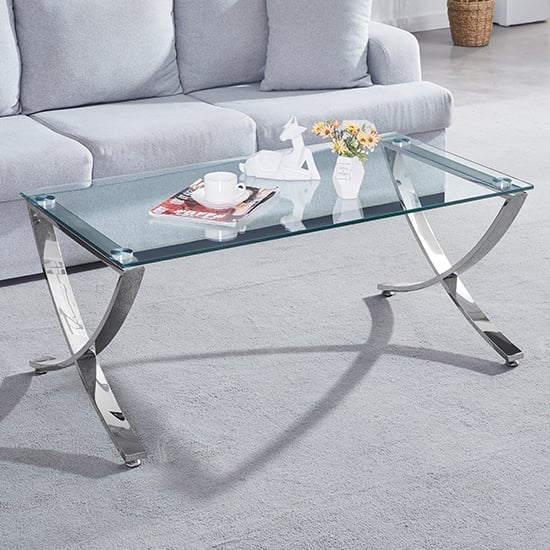 Product photograph of Vienna Clear Glass Coffee Table With Angular Chrome Legs from Furniture in Fashion