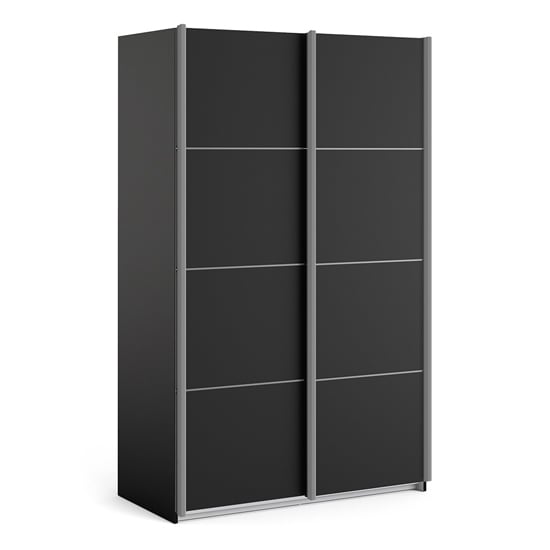 Product photograph of Vrok Wooden Sliding Doors Wardrobe In Matt Black With 2 Shelves from Furniture in Fashion