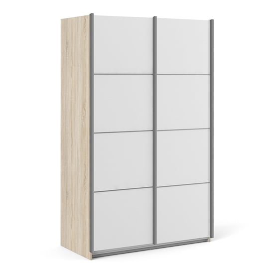 Product photograph of Vrok Wooden Sliding Doors Wardrobe In Oak White With 2 Shelves from Furniture in Fashion