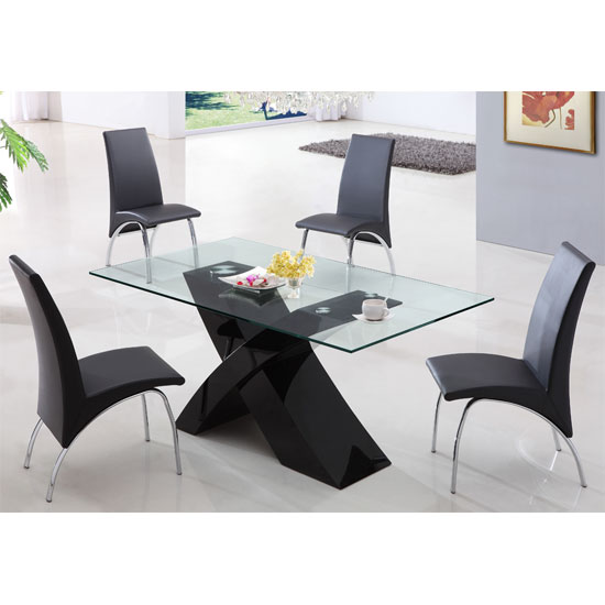 X Glass Dining Table in Black High Gloss Base + 4 Dining Chairs