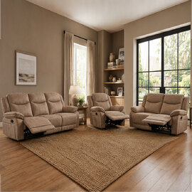Arvelo Fabric Manual Recliner Sofa Suite in Light Brown