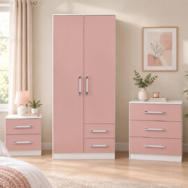 Ingrid 3Pc Bedroom Furniture Set In White And Pink High Gloss