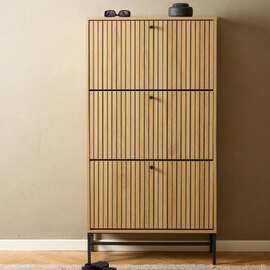 Abilene Wooden Shoe Storage Cabinet With 3 Flip Doors In Oak