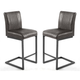 Aboba Grey Leather Bar Chairs With Metal Legs In Pair