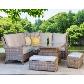 Abobo Glass Top Garden Corner Dining Set With 2 Ottomans In Grey