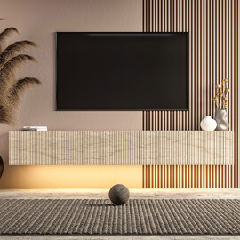 Ada Wooden Wall Mounted TV Stand in Travertine Marble Effect and LED