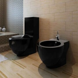 Adel Black Close Coupled Toilet And Bidet With Horizontal Outlet - Soft Close Seat