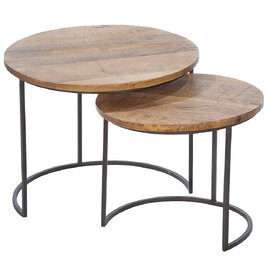 Adel Wooden Round Set Of 2 Side Tables With Black Frame In Natural