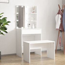 Adhra Wooden Dressing Table Set In White With LED Lights