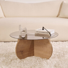 Aerio Fume Tempered Glass Coffee Table with Sapphire Oak Wooden Base