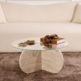 Aerio Clear Tempered Glass Coffee Table with Travertine Marble Effect