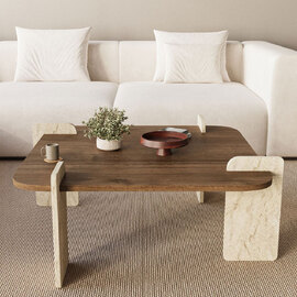 Afrolli Wooden Square Wooden Coffee Table in Travertine Marble Effect and Walnut