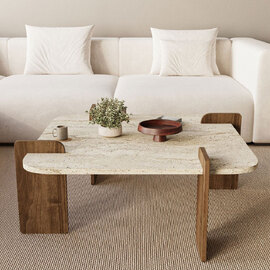 Afrolli Wooden Square Wooden Coffee Table in Walnut and Travertine Marble Effect