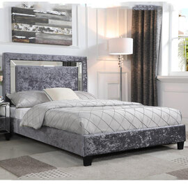 Agalia Crushed Velvet Double Bed With Mirror Edge In Silver