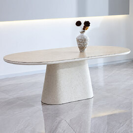 Akisora Large Travertine Marble Effect Sintered Stone Top Dining Table with Ivory Base