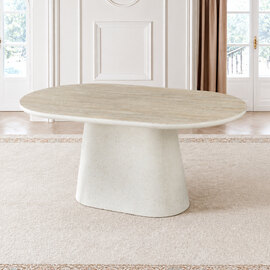Akisora Small Travertine Marble Effect Sintered Stone Top Dining Table with Ivory Base