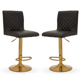 Baino Black Leather Bar Chairs With Round Gold Base In A Pair
