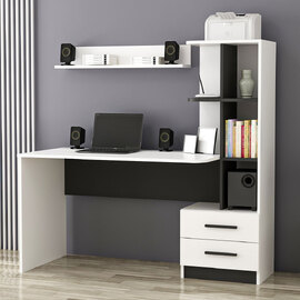 Alaska Wooden Computer Desk with 2 Wall Shelf in White and Black