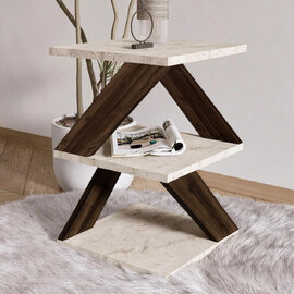 Albeni Wooden Side Table in Travertine Marble Effect and Walnut