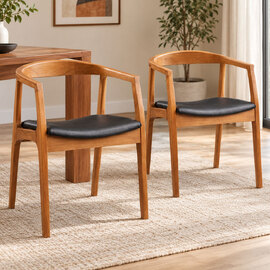 Albero Walnut Beech Wood Dining Chairs with Black Leather Seat in Pair