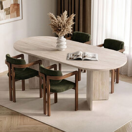 Aleria Travertine Marble Effect Wooden Extending Dining Table with 4 Chairs in Walnut and Green
