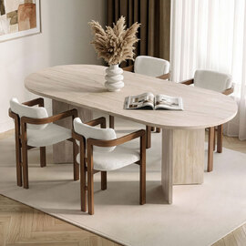 Aleria Travertine Marble Effect Wooden Extending Dining Table with 4 Chairs in Walnut and White