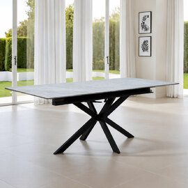Alessio Italy Grey Marbled Stone Top Extending Dining Table with Black Metal Legs
