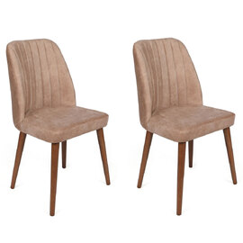 Alfa Beige Velvet Dining Chairs with Walnut Legs in Pair