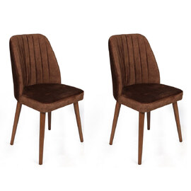 Alfa Brown Velvet Dining Chairs with Walnut Legs in Pair