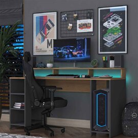 Algarve Wooden Computer Desk in Anthracite and Walnut with LED