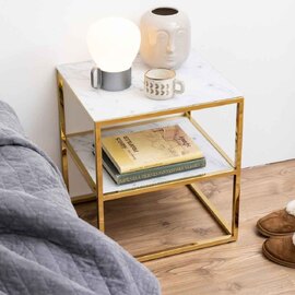 Allen White Marble Effect Glass Bedside Cabinet with Gold Base