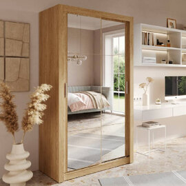 Allen Wooden Mirrored 120cm Wardrobe In Artisan Oak