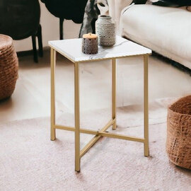 Allerton Small Wooden Square End Table In White Marble Effect