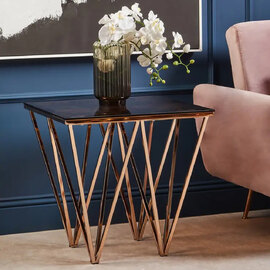 Allston Amber Glass End Table With Prismatic Rose Gold Frame