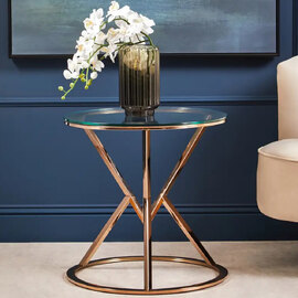 Allston Glass Round End Table With Corseted Rose Gold Frame