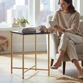 Almancil Square Anthracite Wooden Top Side Table with Tubular Steel Gold Base