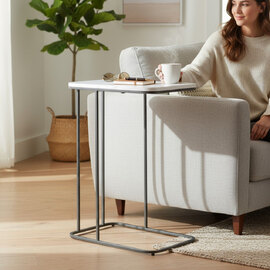 Almancil White Marble Effect Top Side Table with Tubular Steel Anthracite Base