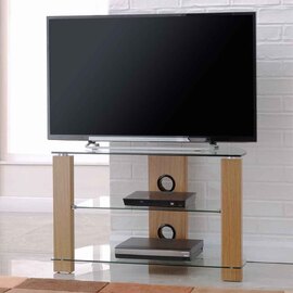Alpine 800mm Wooden Corner TV Stand With 3 Glass Shelves - Oak
