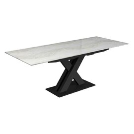 Altois Marble Top Extending Dining Table with Metal X-Shaped Base in Light Grey