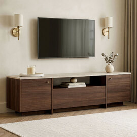 Alvar Wooden TV Stand in Travertine Marble Effect and Milano Walnut