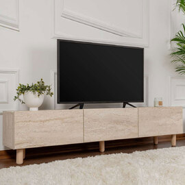 Alvin Wooden TV Stand with 3 Doors in Travertine Marble Effect