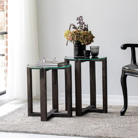 Amalfi Tempered Glass Top Nesting Side Tables with Anthracite Pine Wood Base