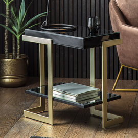 Amana Glass Top Side Table With Golden Metal Frame In Black