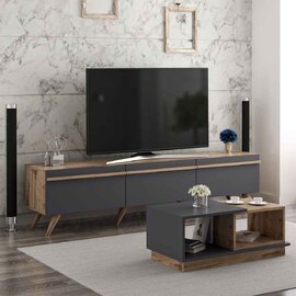 Amsterdam Wooden TV Stand and Coffee Table Set in Anthracite and Walnut